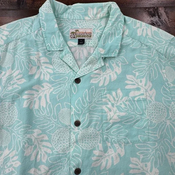 Patagonia Pataloha Shirt Men's Lg Aqua Blue Hawaiian Floral Fern Organic Cotton - Picture 8 of 11